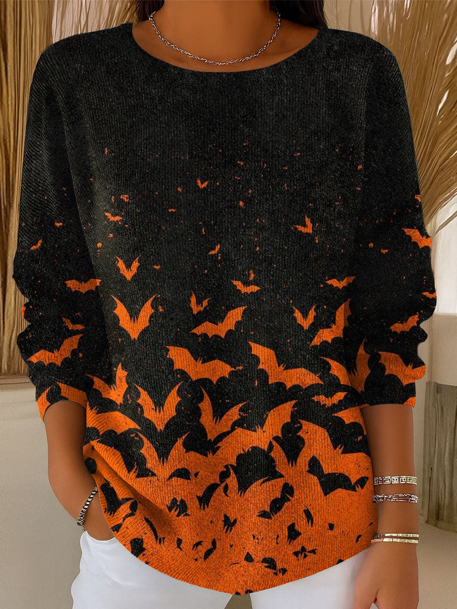 Women's Vintage Halloween Gradient Bats Art Print Casual Pullover Sweater