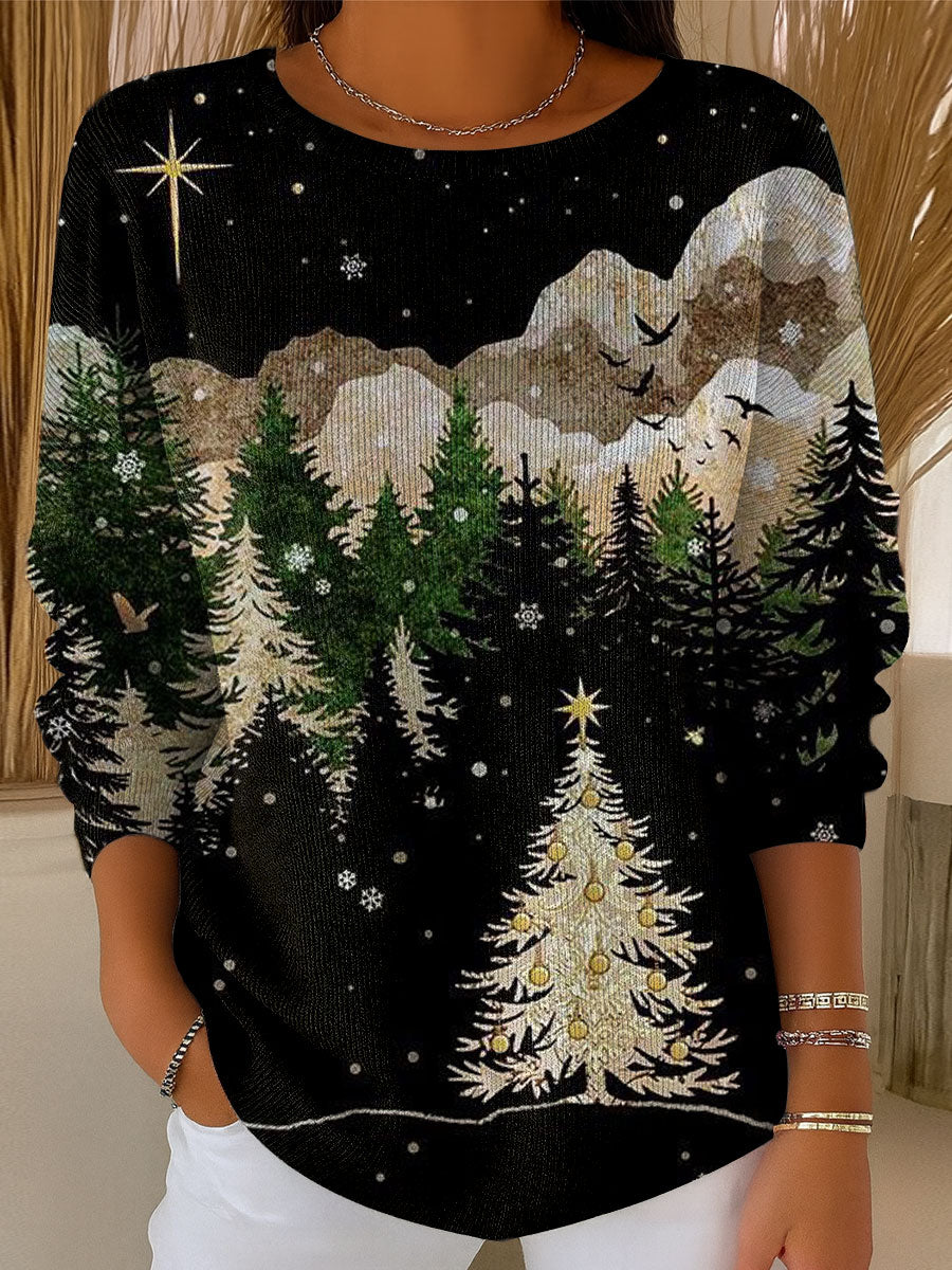 Women's Retro Style Christmas Tree Art Print Casual Pullover Sweater