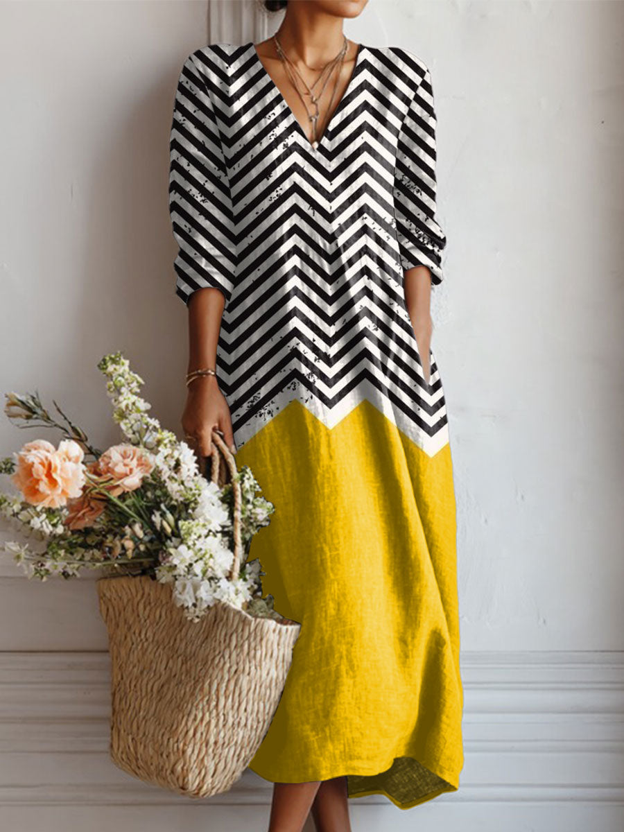 Women's Vintage Abstract Geometric Art Print Linen Pocket Tunic Dress