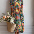 Women's Vintage Flower Art Print Linen Pocket Tunic Dress