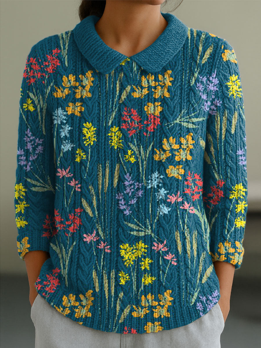 womens-vintage-floral-flowers-art-print-casual-peter-pan-collar-3-4-sleeve-sweater
