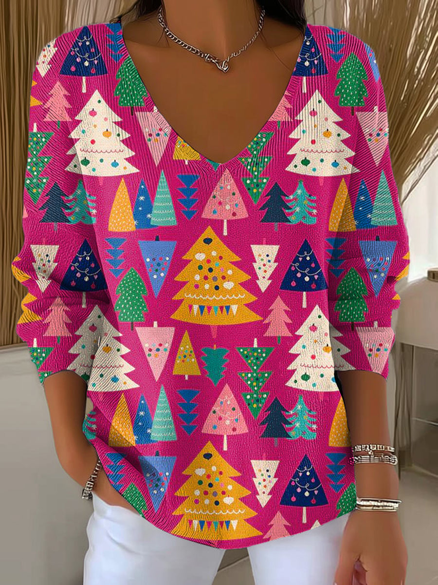 Women's Beautiful And Colorful Winter Christmas Tree Painting Art Print Casual Pullover Sweater