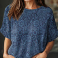 womens vintage floral art print casual crew neck short sleeve knitted sweater