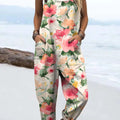 Women's Lovely Floral Art Print Casual 100% Cotton Wide Leg Jumpsuit
