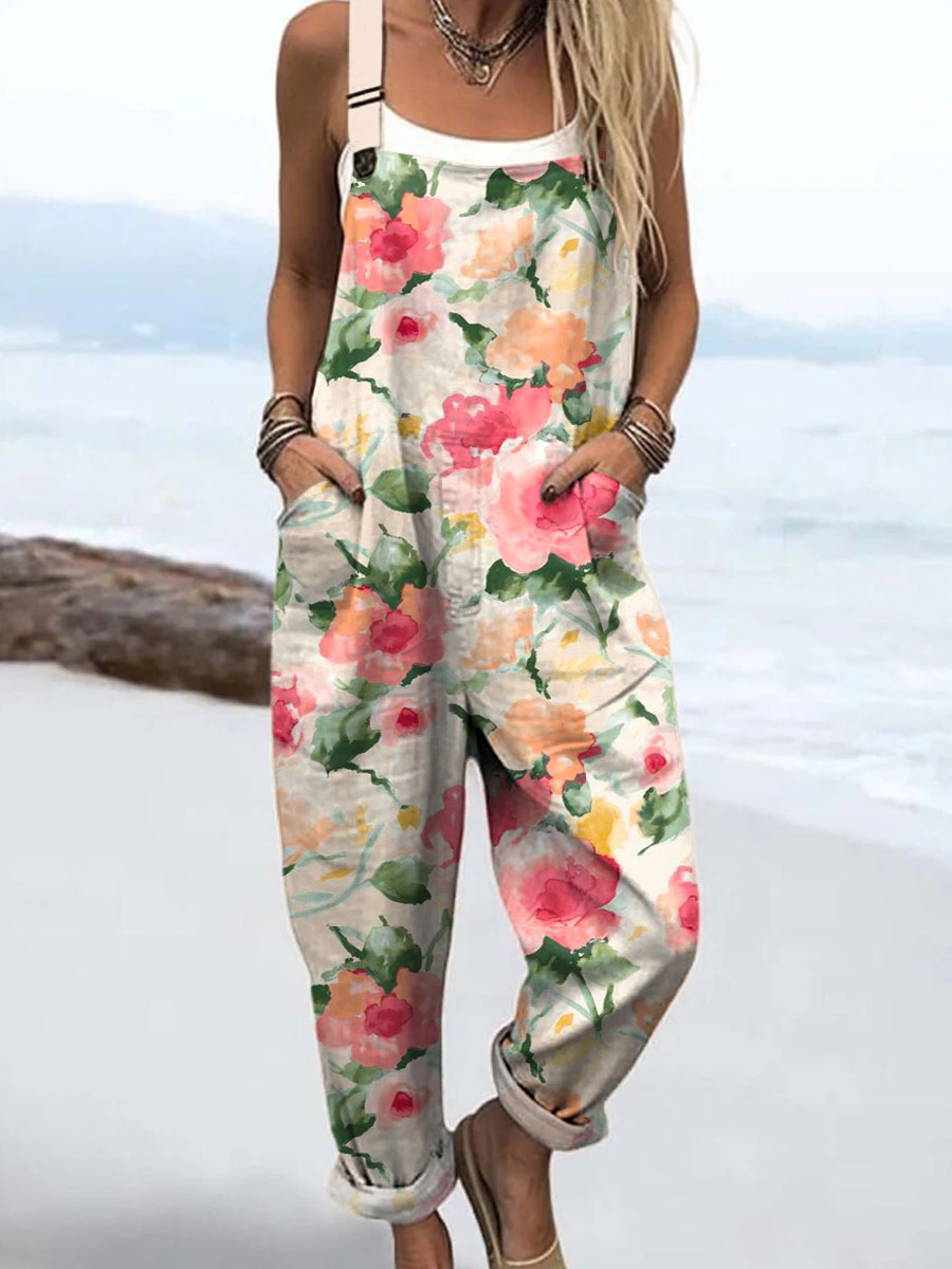 Women's Lovely Floral Art Print Casual 100% Cotton Wide Leg Jumpsuit
