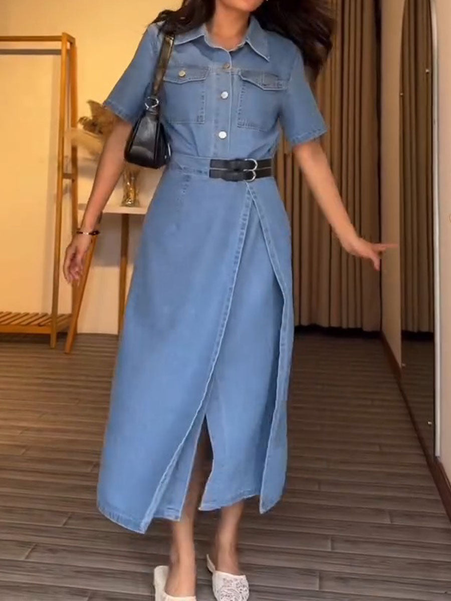 Women's Solid Color Shirt Collar Short Sleeve Loose A-Line Denim Dress