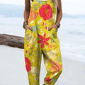 Women's Vintage Floral Art  Print Casual 100% Cotton Wide Leg Jumpsuit