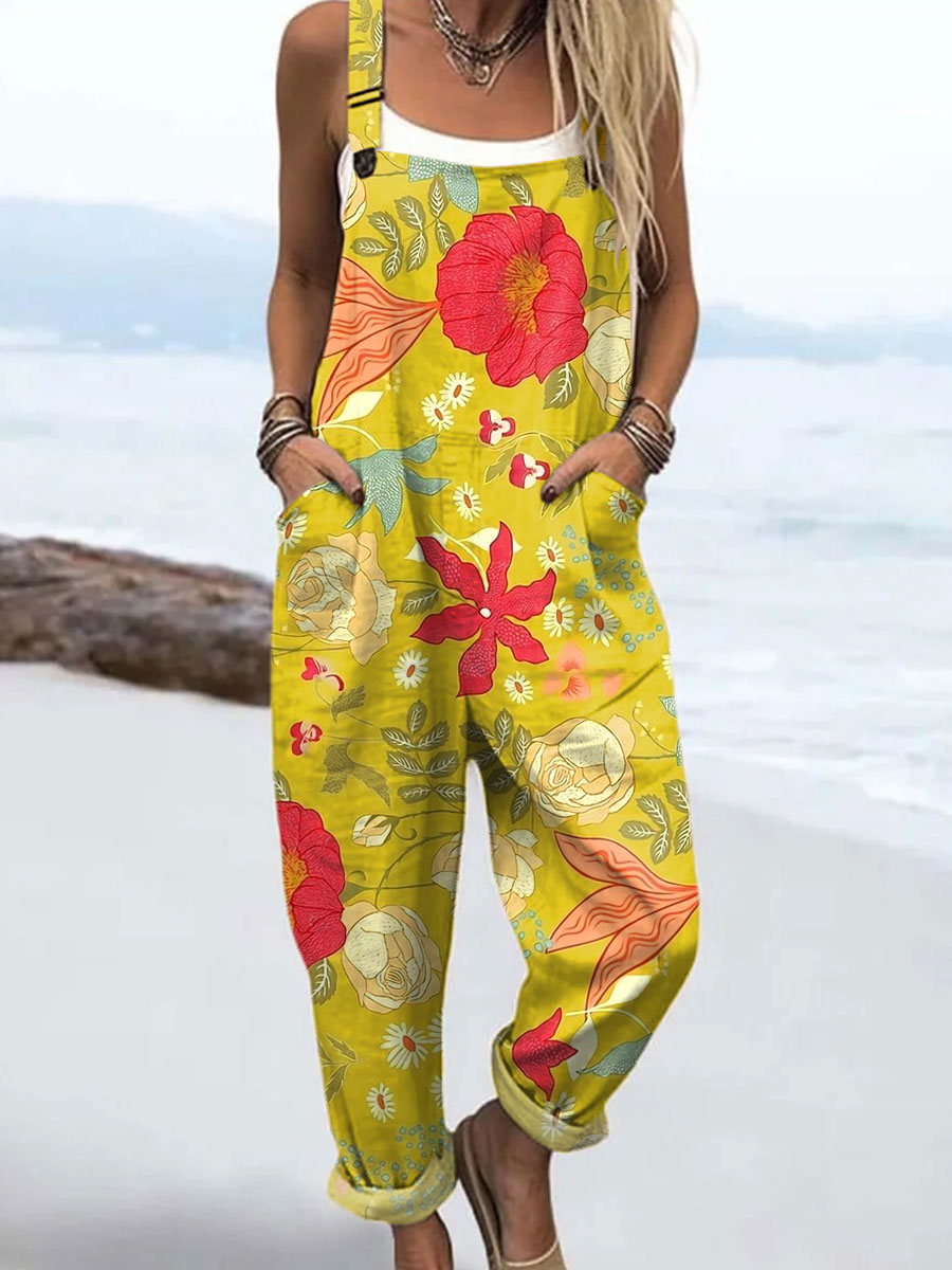 Women's Vintage Floral Art  Print Casual 100% Cotton Wide Leg Jumpsuit