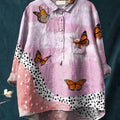 Women's  Butterfly Art Print Casual Cotton And Linen Shirt