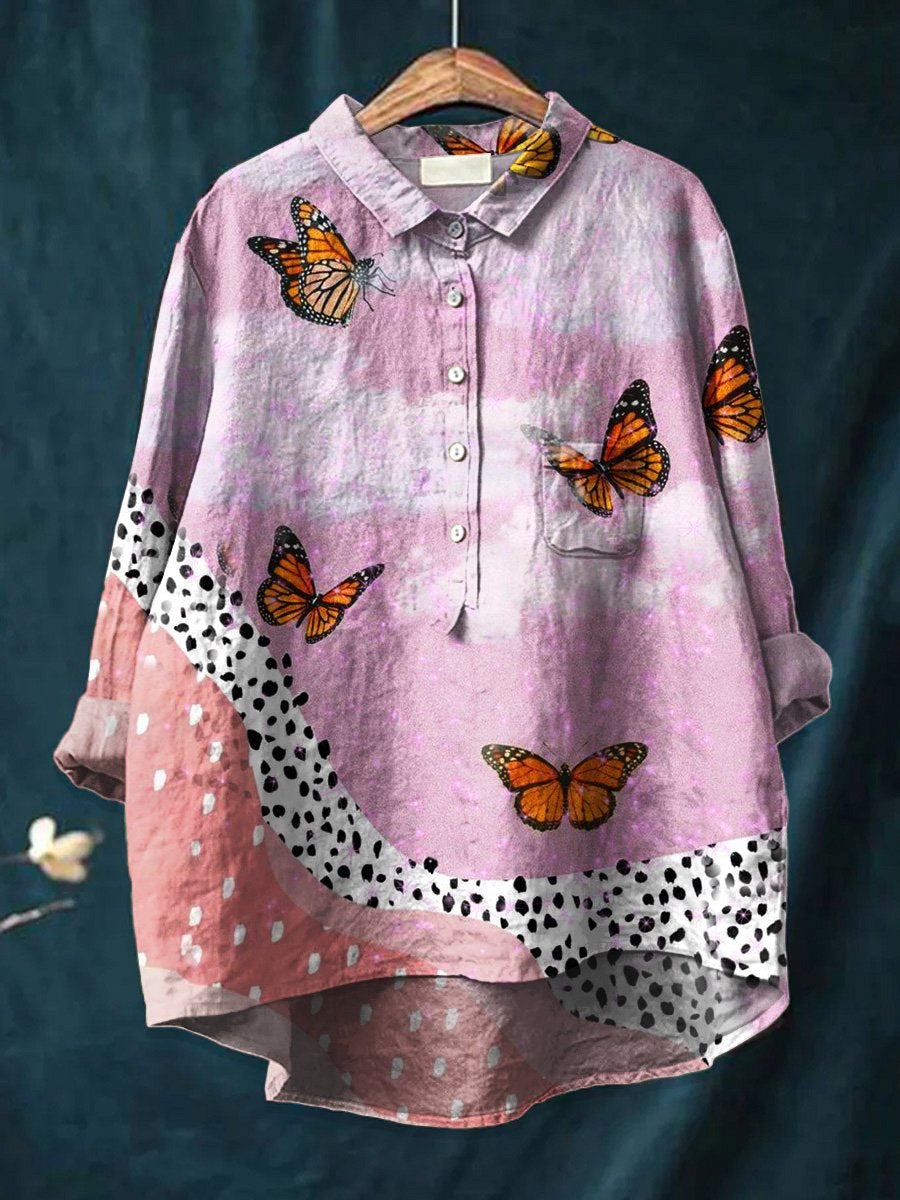 Women's  Butterfly Art Print Casual Cotton And Linen Shirt
