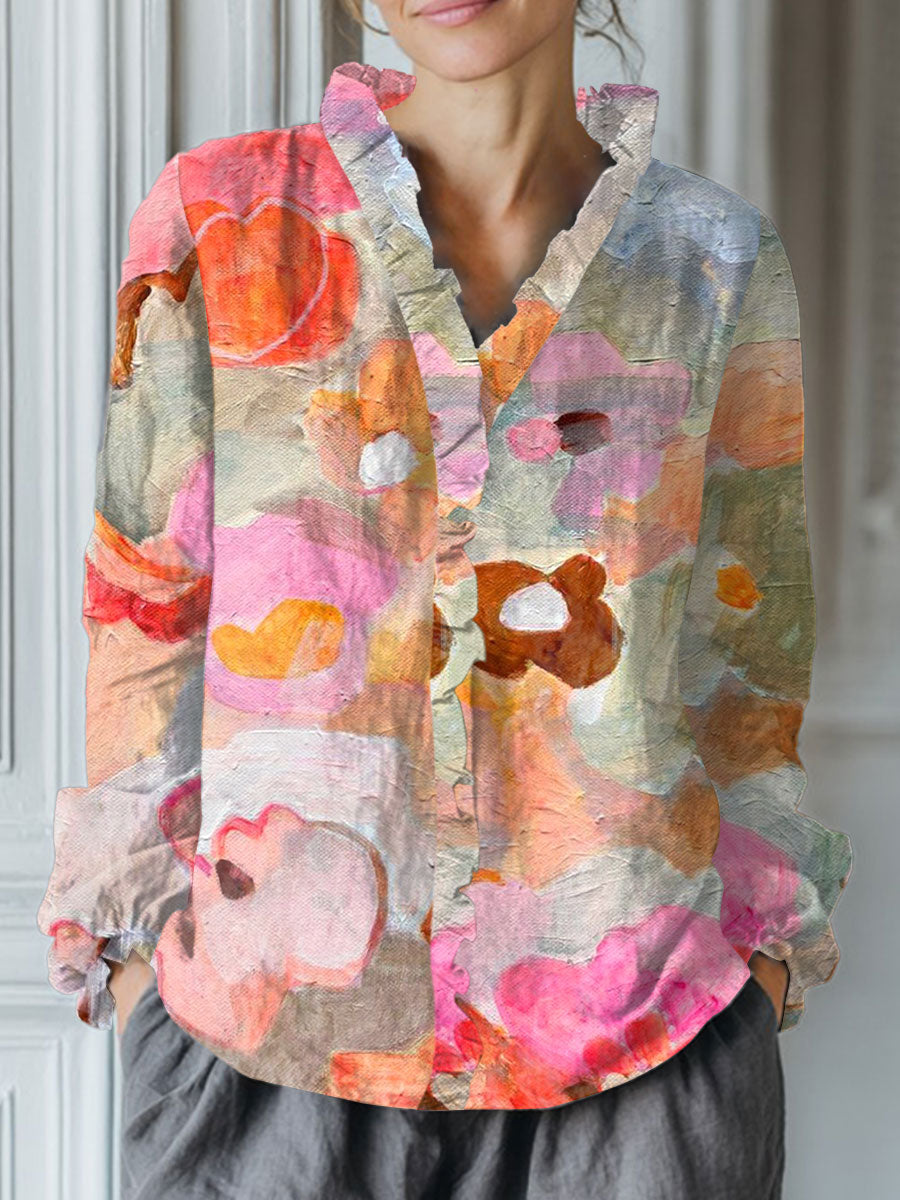Women's Vintage Flower Art Print Casual Cotton And Linen Ruffle Shirt