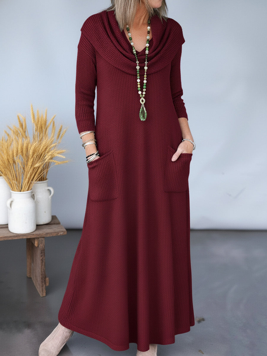 Elegant Cowl Neck Solid Color A-line Pocket Knit Maxi Dress
