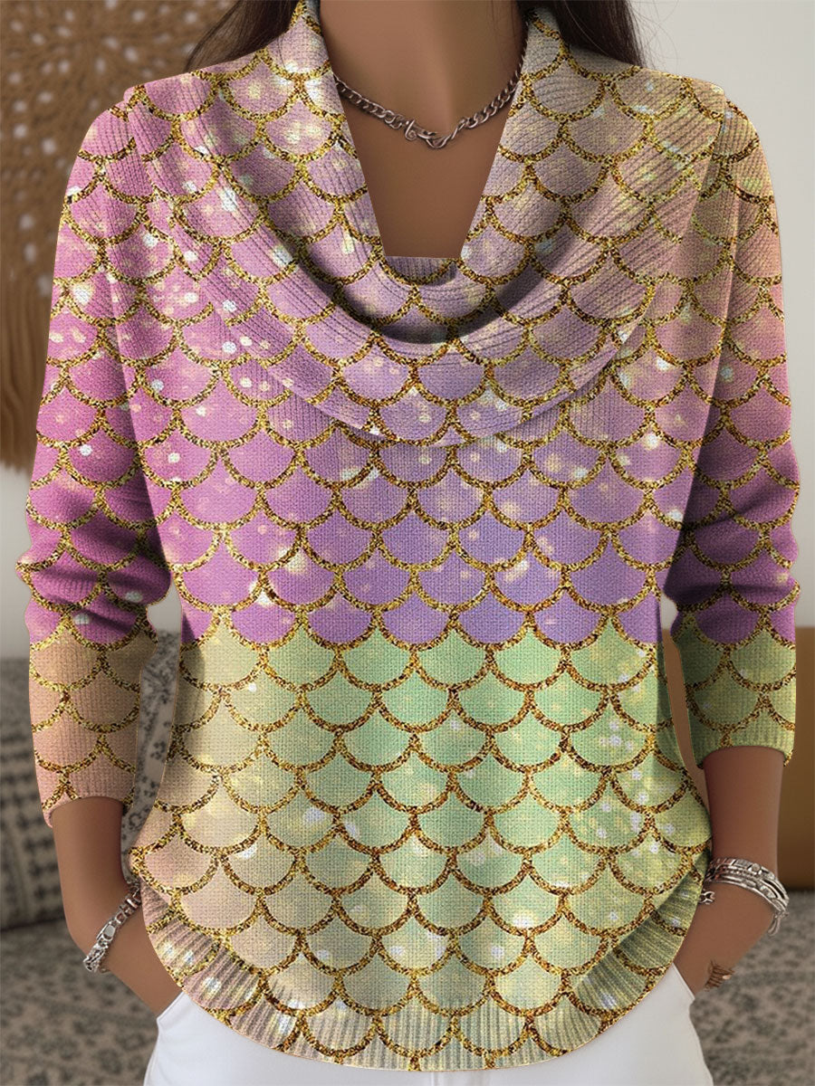 Women's Geometric Color Splicing Print Cowl Neck Sweater