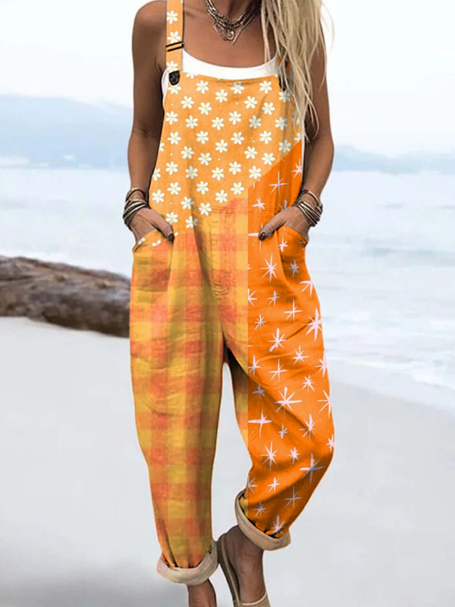 Women's Artistic Creative Star Flowers Print Casual 100% Cotton Wide Leg Jumpsuit