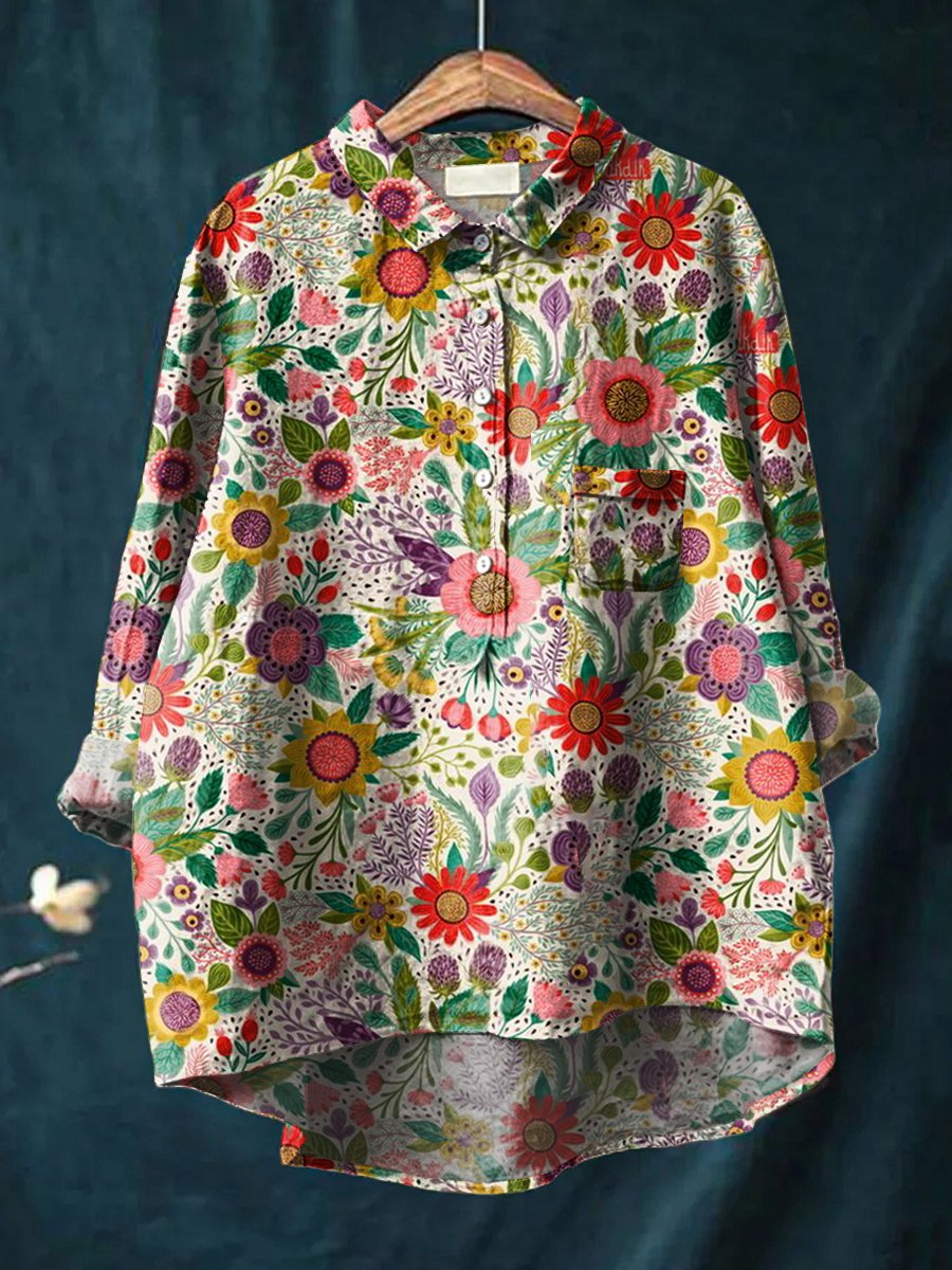 Women's Floral Art Print Casual Cotton And Linen Shirt