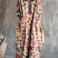 Women's Floral Art Pattern Print Pocket V-neck Cotton Dress