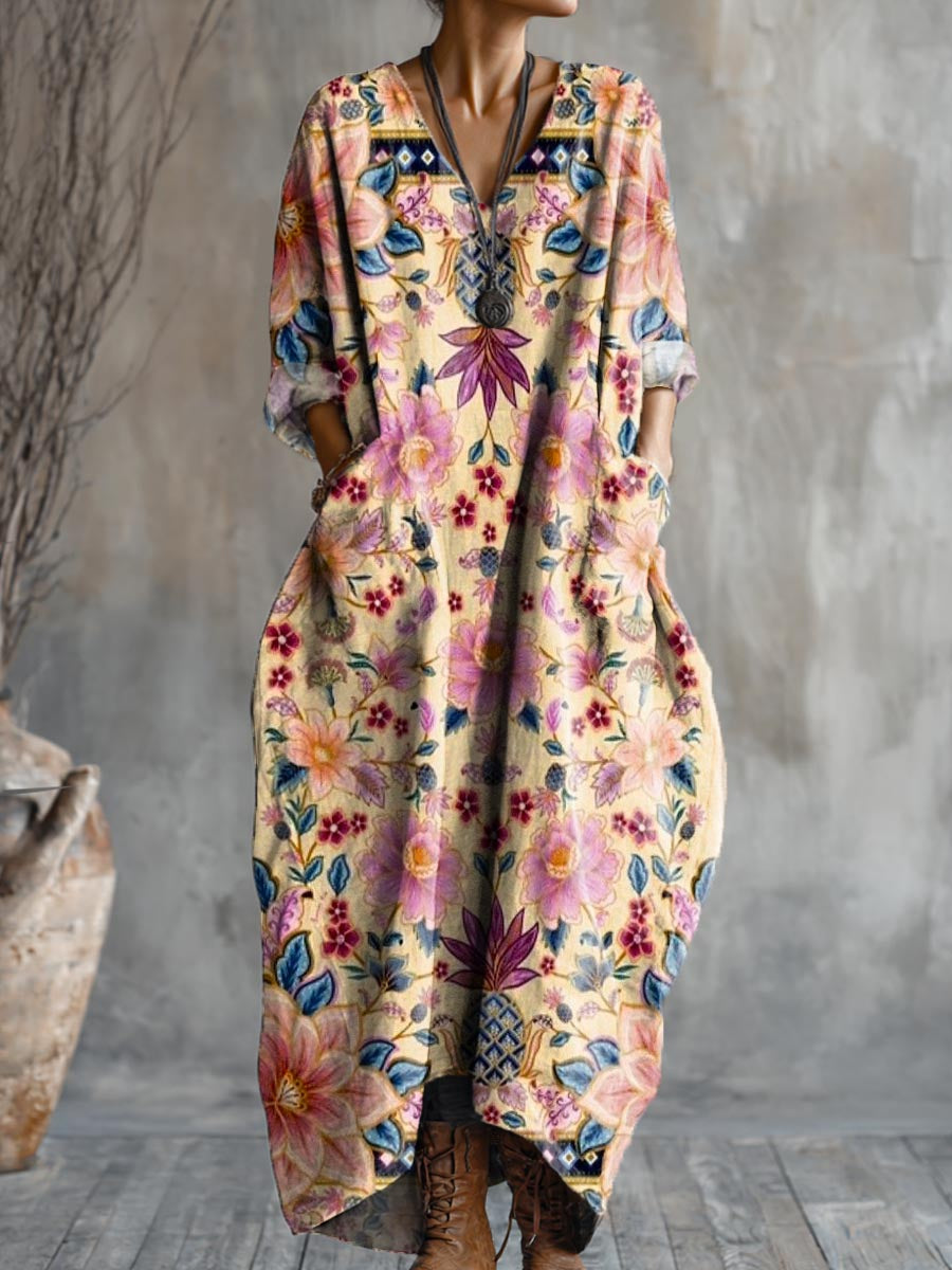 Women's Floral Art Pattern Print Pocket V-neck Cotton Dress