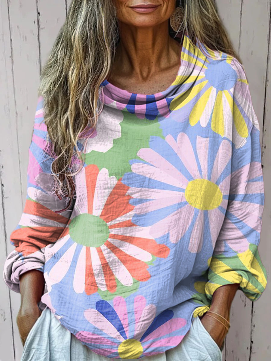 Women's Colorful Large Daisies Print Casual Long Sleeve Comfortable Cotton Shirt