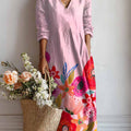 Women's Lovely Floral Art Print Casual Cotton And Linen Pocket Dress