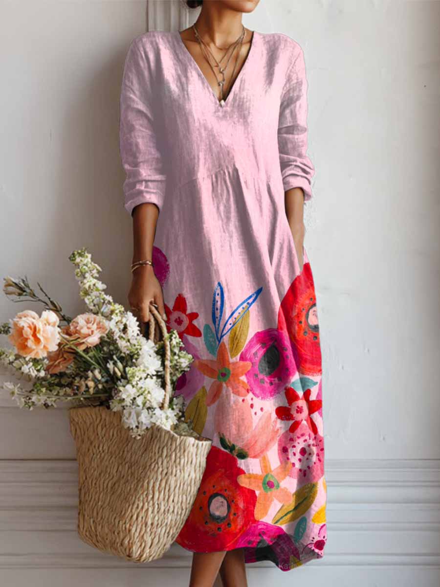 Women's Lovely Floral Art Print Casual Cotton And Linen Pocket Dress