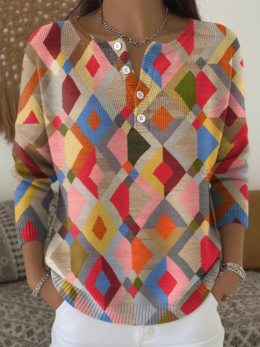 Colorful Abstract Geometric Art Print Buttoned Cardigan Sweater