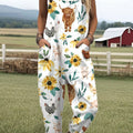 Women's Farm Highland Cattle Flowers Art Print Casual 100% Cotton Wide Leg Jumpsuit