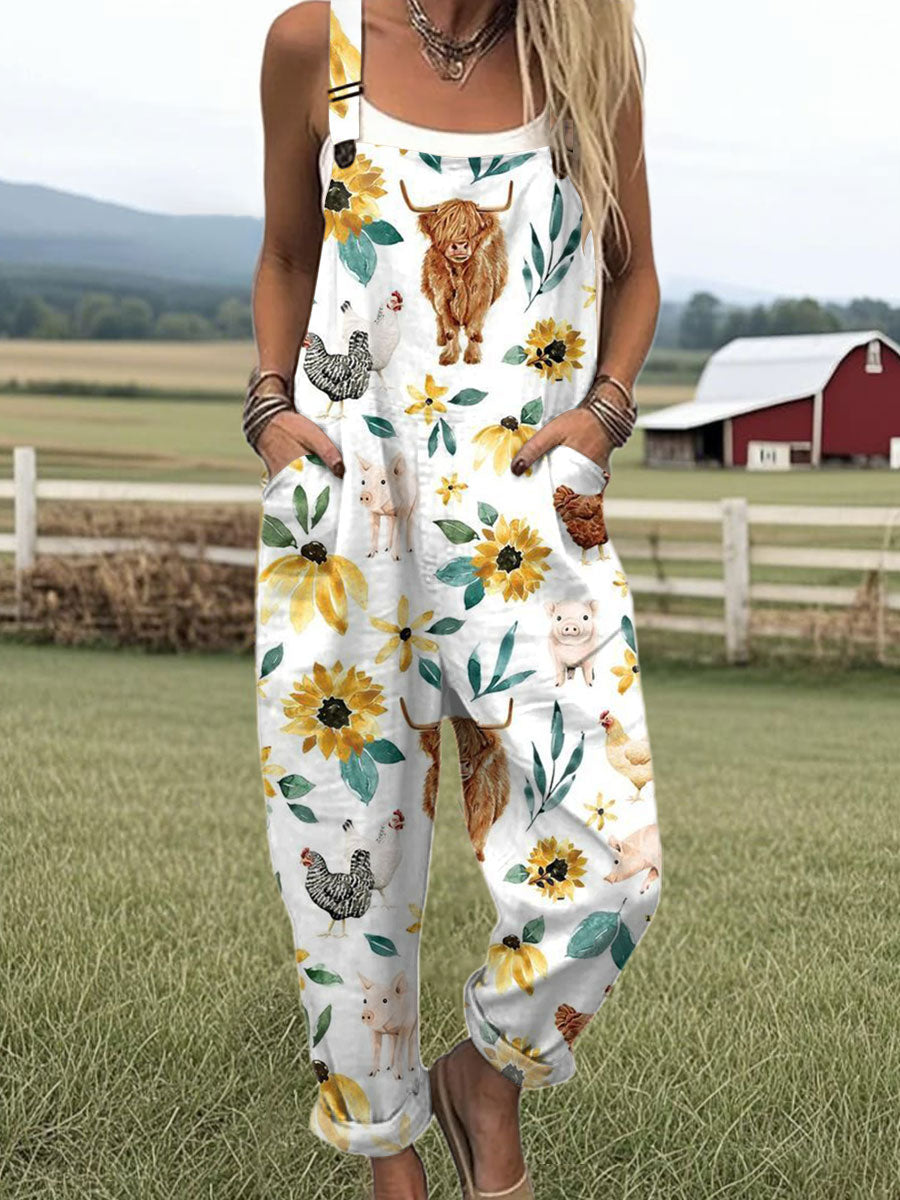 Women's Farm Highland Cattle Flowers Art Print Casual 100% Cotton Wide Leg Jumpsuit