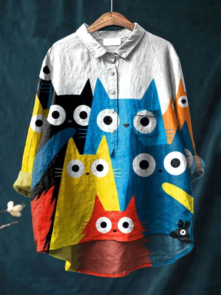 Women's Cat  Art Print Casual Cotton And Linen Shirt