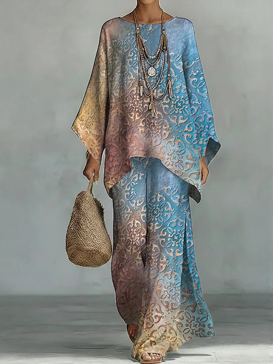 Women's Vintage Floral Art Comfortable Loose Cotton Linen Wide-leg Pants Two-piece Set