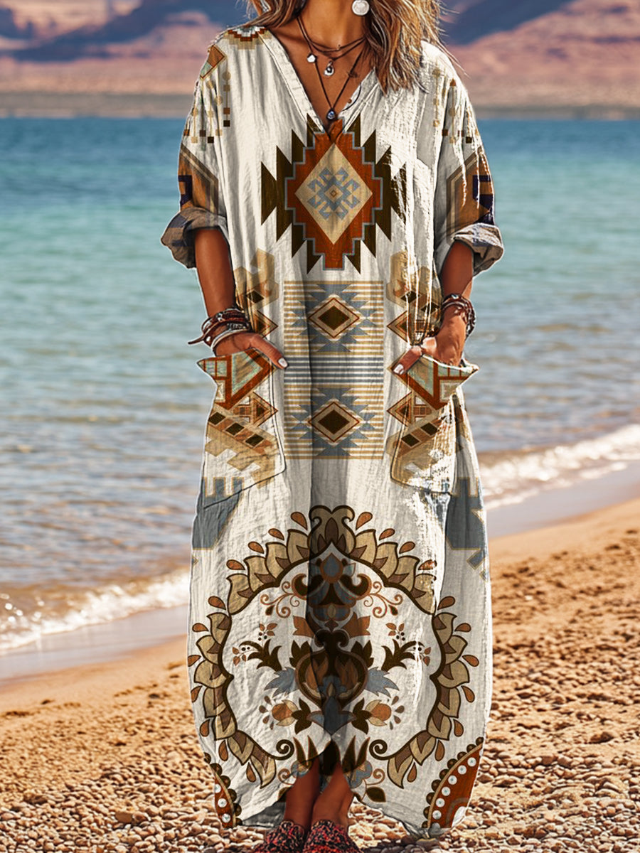 Women's Vintage Ethnic Geometric Pattern Art Print Pocket V-neck Cotton Dress
