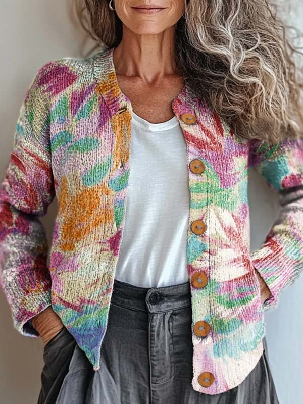womens-creative-artistic-flowers-print-buttoned-cardigan-sweater