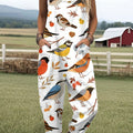 Women's   Vintage Bird Art Print Casual 100% Cotton Wide Leg Jumpsuit