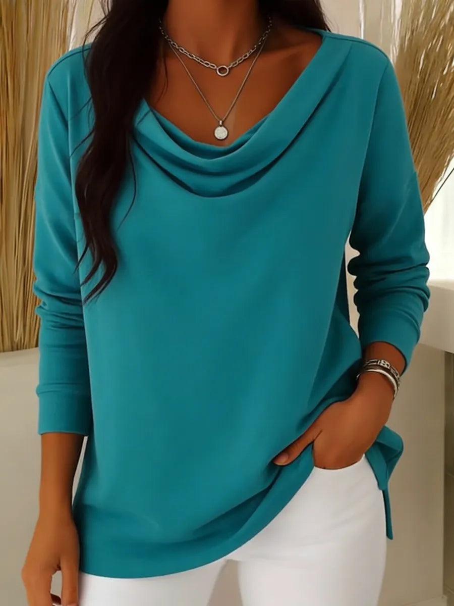 Elegant Draped Collar Solid Color Top