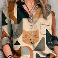 Women's Abstract Cute Geometric Cat Head Painting Art Print Casual Cotton And Linen Shirt