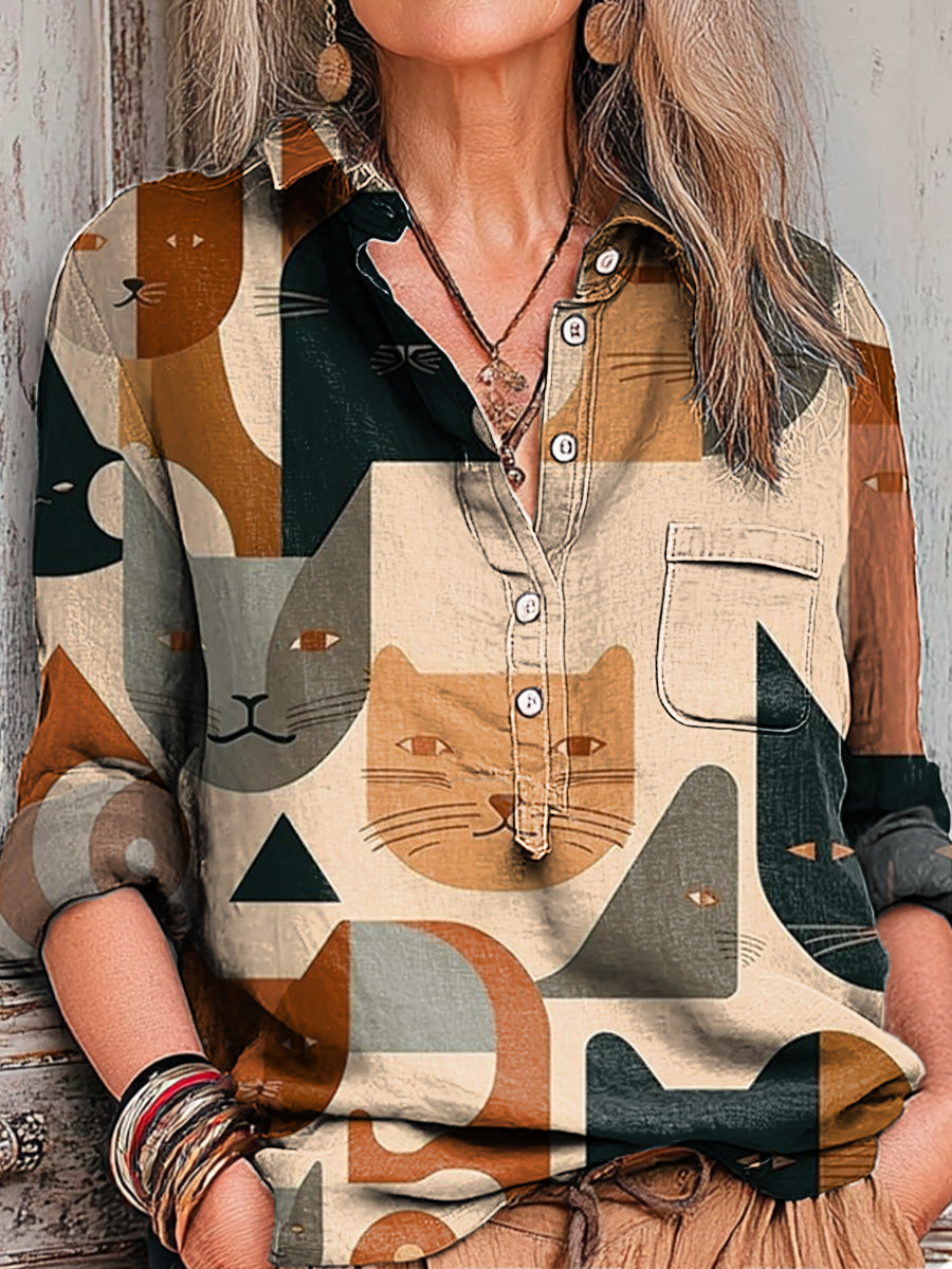 Women's Abstract Cute Geometric Cat Head Painting Art Print Casual Cotton And Linen Shirt