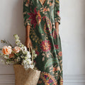 Women's Vintage Flower Art Print Linen Pocket Dress