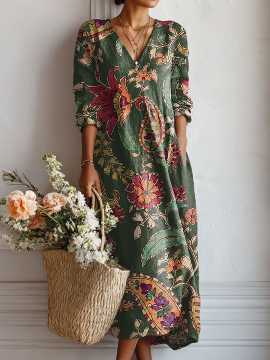 Women's Vintage Flower Art Print Linen Pocket Dress