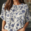 womens vintage floral art print casual crew neck short sleeve knitted sweater