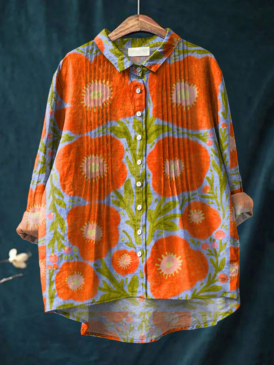 Women's Vintage Floral Pattern Art Print Casual Cotton And Linen Ruffle Shirt