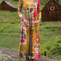 Women's Beautiful Ethnic Geometric Floral Check Art Print Long-sleeved Dress