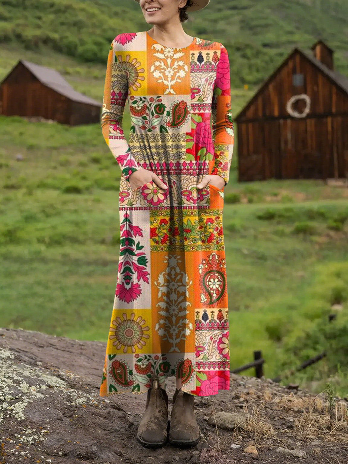 Women's Beautiful Ethnic Geometric Floral Check Art Print Long-sleeved Dress