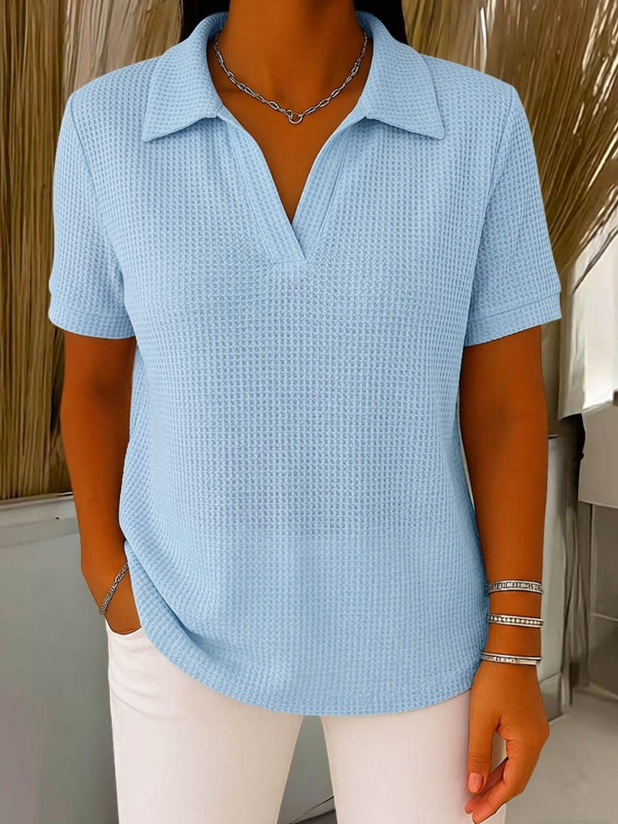 Women's Solid-color V-neck Short-sleeve Casual Waffle-knit Cotton Top