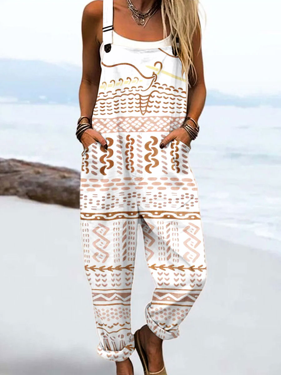 Women's Vintage Abstract Geometric Color Blocks Art Print Casual 100% Cotton Wide Leg Jumpsuit