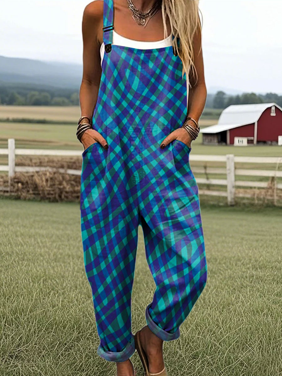 Women's Vintage Color Block Art Print Casual 100% Cotton Wide Leg Jumpsuit