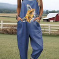 Women's Lovely Fox Art Print Casual 100% Cotton Wide Leg Jumpsuit