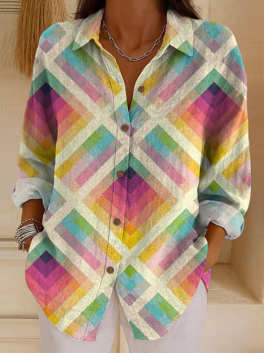 Women's Rainbow Plaid Print Casual Cotton Shirt