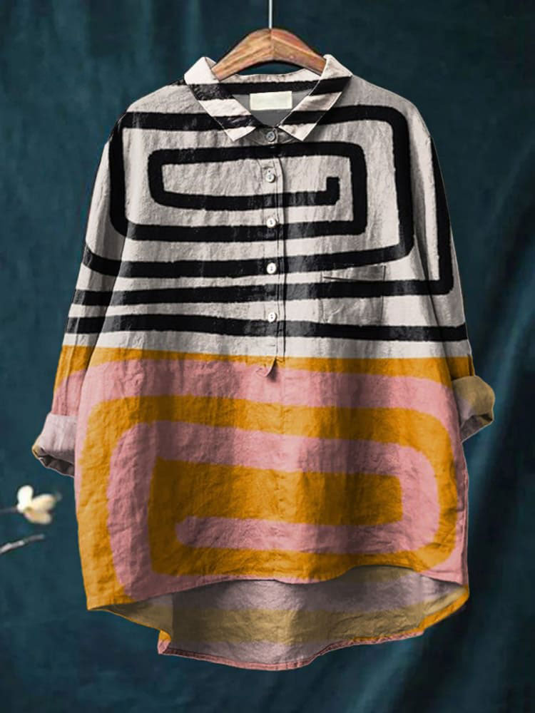 Women's Abstract Color-block Geometry Print Casual Cotton And Linen Shirt