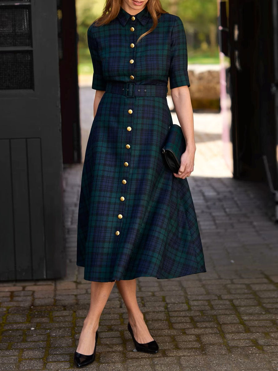 Women's Plaid Print Lapel Short Sleeve Casual Loose Dress