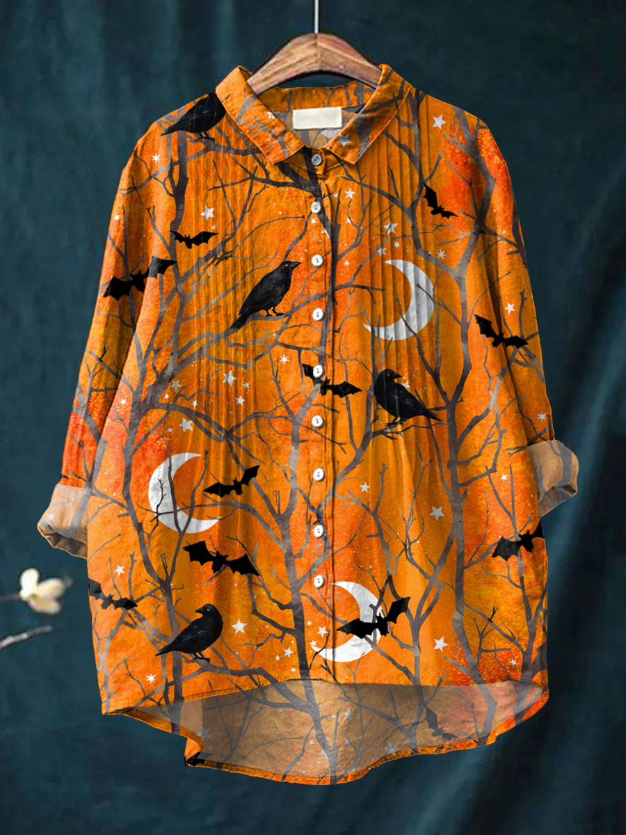 Women's Vintage Raven Pattern Art Print Casual Cotton And Linen Ruffle Shirt