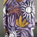 Women's Abstract Floral Sun Pattern Print Casual Cotton And Linen 3/4 Sleeve Shirt